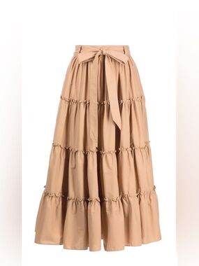 cinq a sept Tan Tiered A-Line Maxi Skirt with Waist Tie